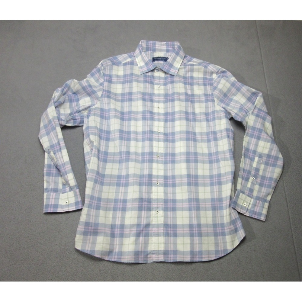 Vineyard Vines Shirt Mens Large Blue Purple White Plaid Silk Blend Sea Grape New